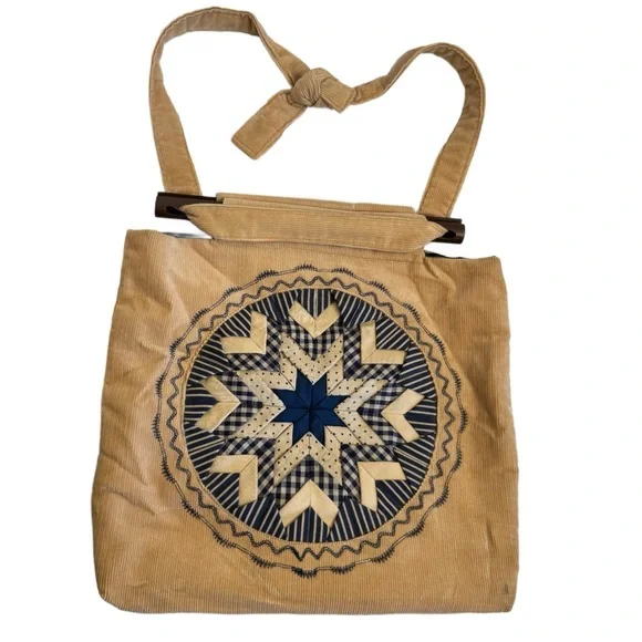 Retro 70s Quilted Hippie Shoulder Bag Vegan Handbag Boho Cottagecore Wood detail - Picture 1 of 16